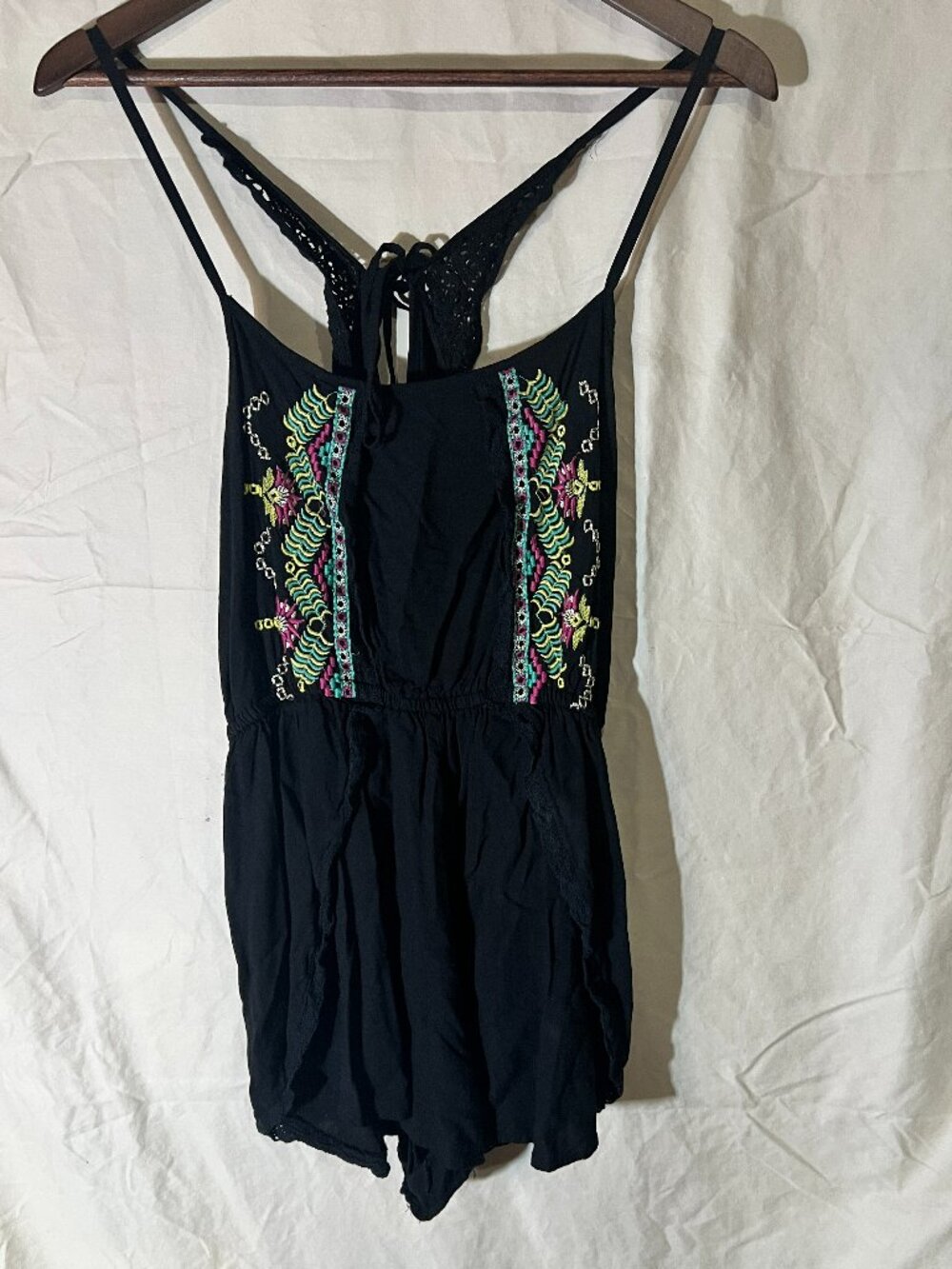 Francesca's Romper Womens M Black Halter Embroidered Lace Trim Adjustable Strap